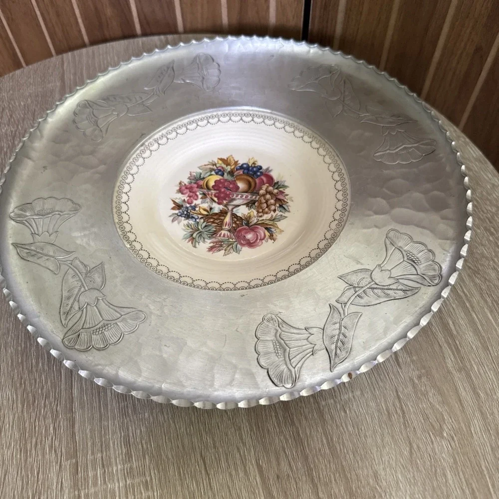 Vintage Farberware Aluminum Etched Platter With A Porcelain Center, Floral